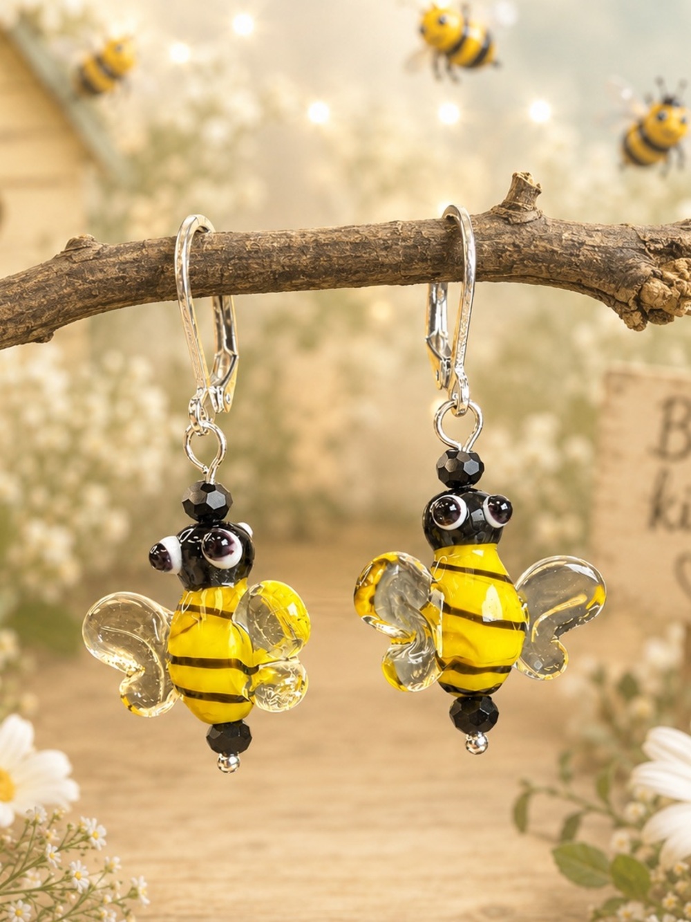 Handmade Yellow Bee Earrings and Bracelet Set with Bee Pendant Necklace - Picture 3 of 4